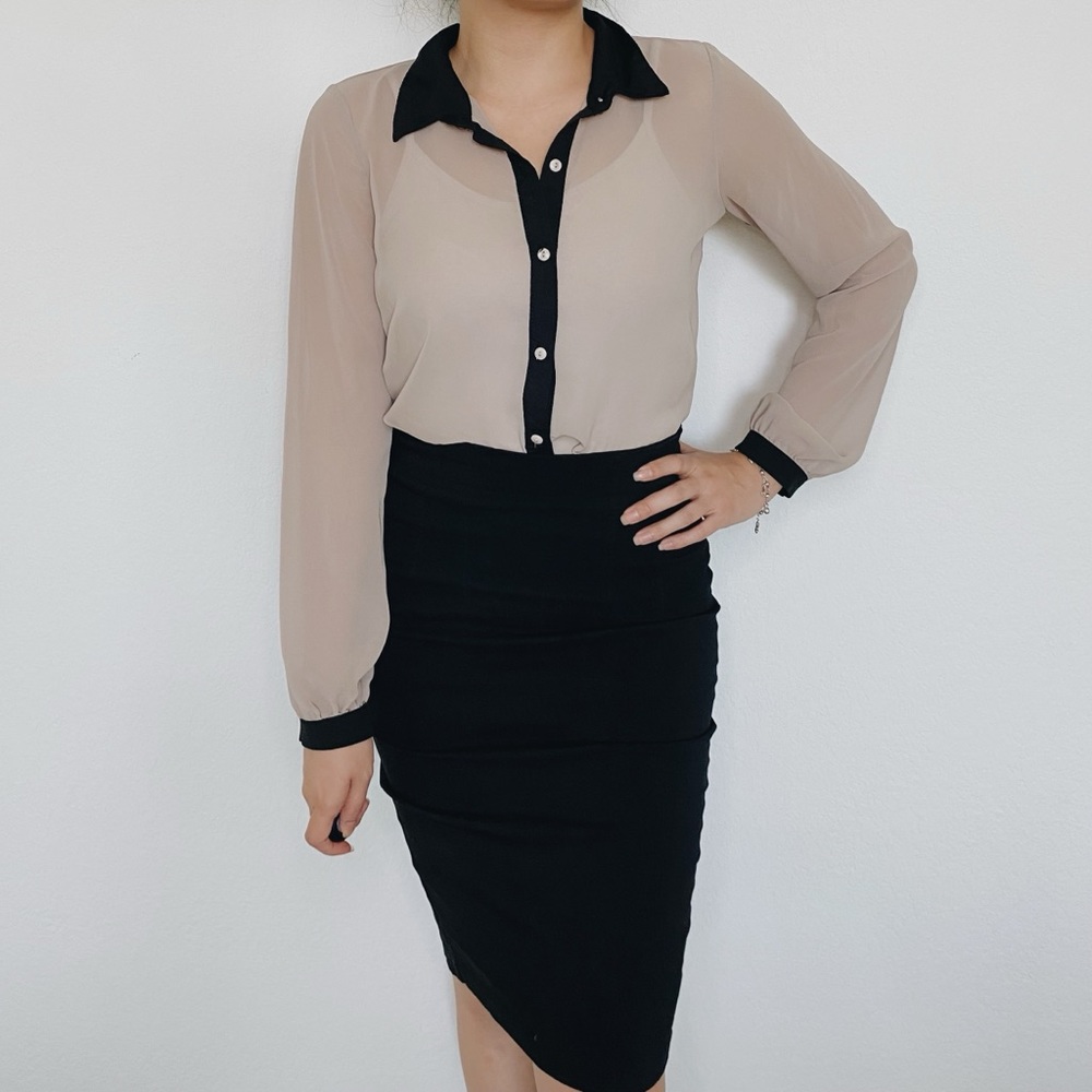 a'gaci Beige and Black Sheer Button-Up Blouse